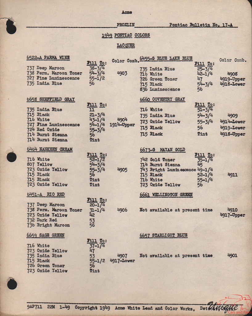 1949 Pontiac Paint Charts Acme